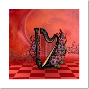 Wonderful harp with colorful flowers Posters and Art